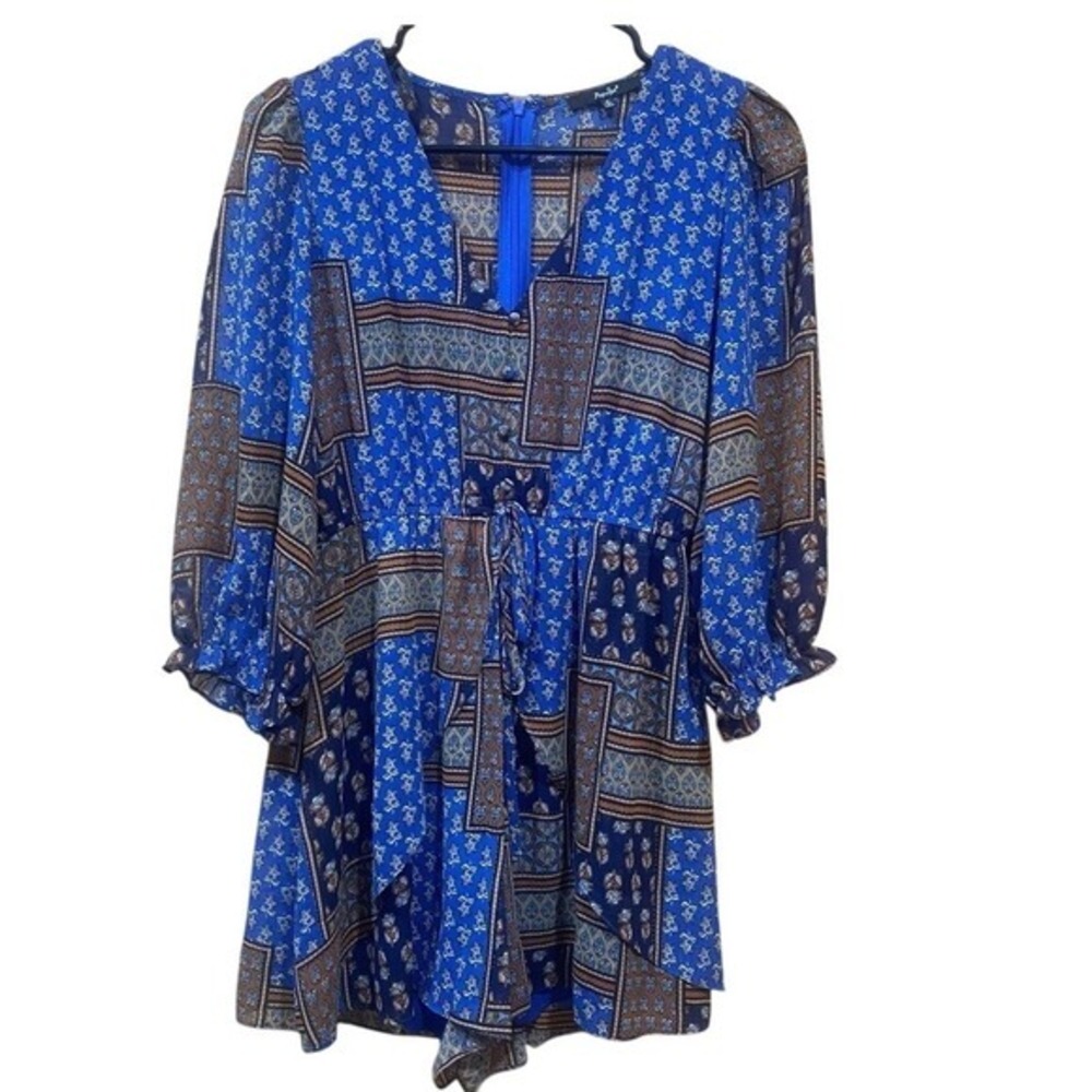 Papaya Blue Patchwork Print Mini Dress Long Sleeve Boho‎ Flowy Feminine Size M